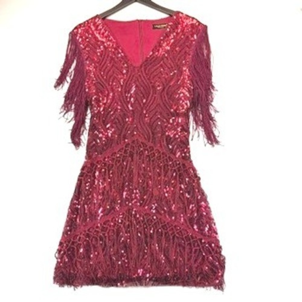 BABEYOND Red Sequin Fringe Flapper Dress Large 1920s Gatsby Art Deco Party